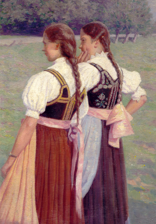 Maleri av jenter i polsk bunad fra Cieszyn.